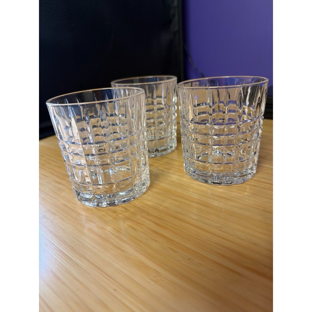 Set of 3 Heavy Clear Pressed Glass Rocks Tumblers Old Fashioned